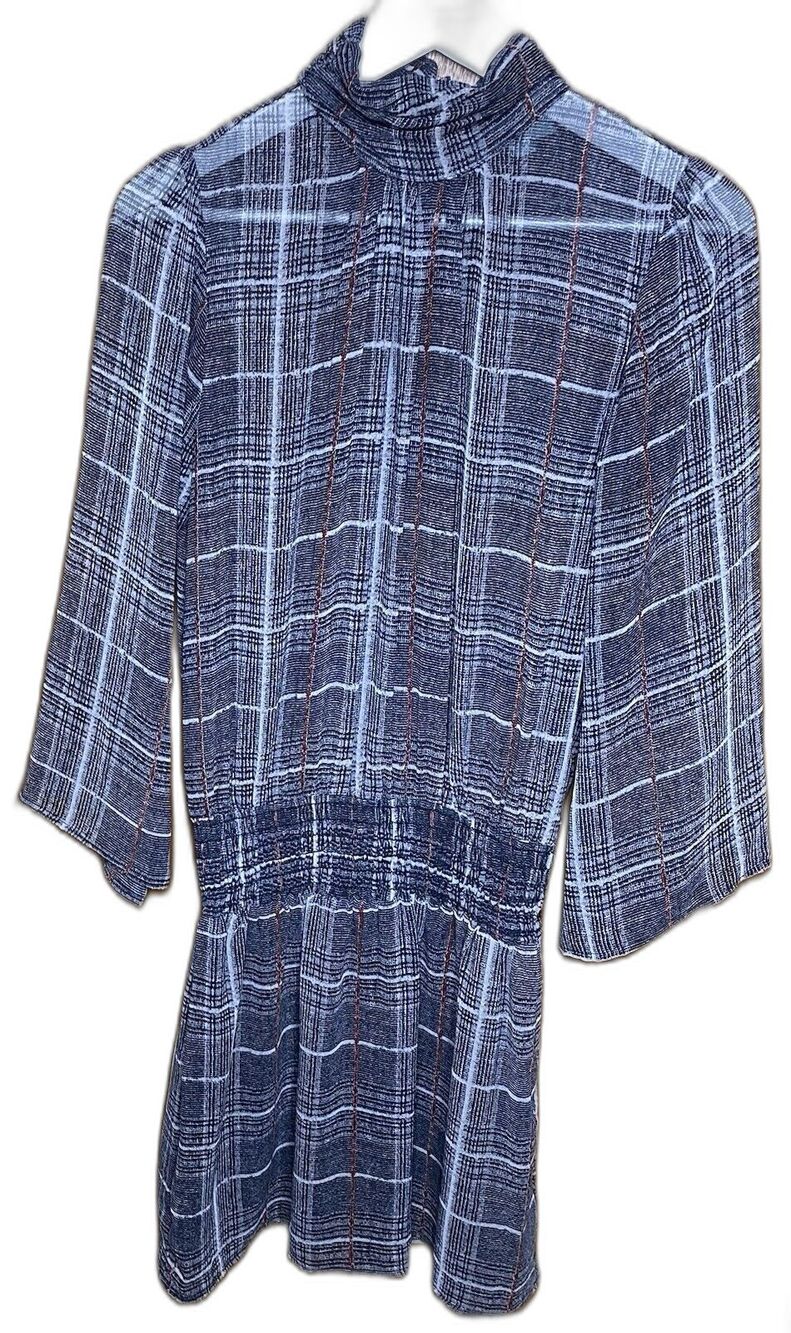 Veronica M Sheer Mini Dress Womens S Plaid High Neck Smocked Waist Fairy Sleeves